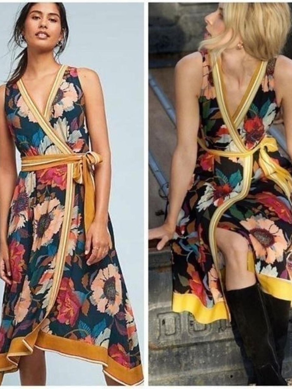 Anthropologie Maeve Botanica Floral Patchwork Faux Wrap Hanky Hem Dress Size 6